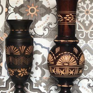 2 Vintage African Hand-Carved Wooden Vases